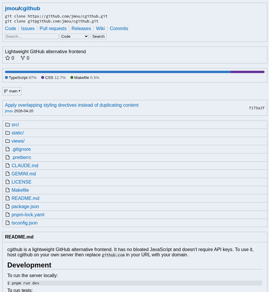 Screenshot of cgithub repository page.